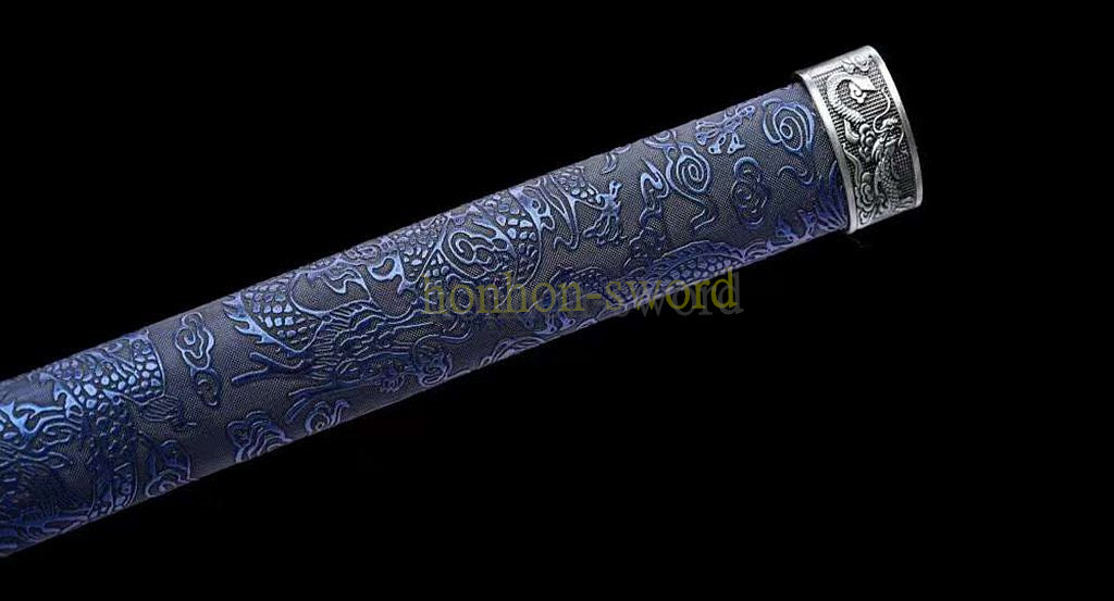 9260 Spring Steel Japanese Samurai Sword Chokuto Straight Katana Full Tang for Battle KAMASU-Kissaki Blue