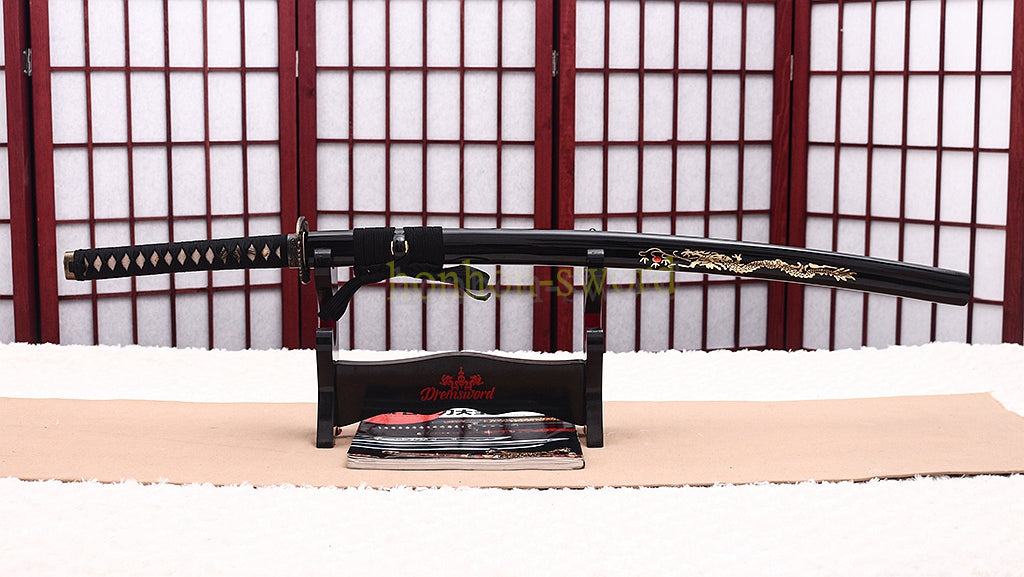 Épée de samouraï japonais Iaito Katana en acier à ressort 9260 non affûtée pour la pratique, pleine soie noire