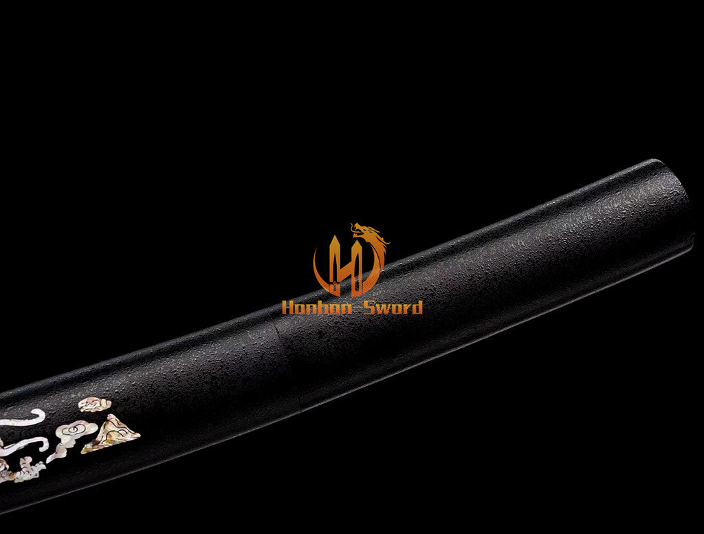 Japanisches Katana-Samurai-Schwert aus hochmanganhaltigem Stahl, Full Tang, kampfbereit, goldene weiße Saya