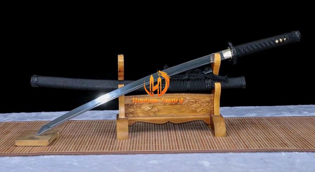 Handgeschmiedetes japanisches Samurai-Schwert Katana aus Damaszener-Faltstahl, scharf, ganz in Schwarz