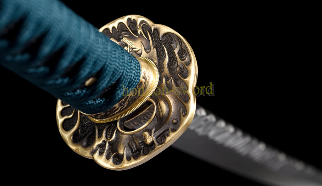 Japanisches Samurai-Schwert Katana aus schwarzem gefaltetem Stahl, Full Tang, handgefertigt, scharfe Klinge, schwarz