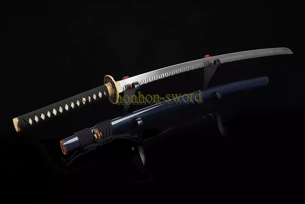Damascus Folded Steel Hammering Pattern Katana Japanese Samurai Sword Full Tang for Battle Ox Horn Blue Saya