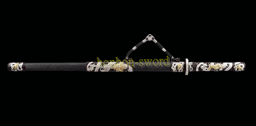 Japanisches Samurai-Schwert Katana aus schwarzem gefaltetem Stahl, Full Tang, handgefertigt, scharfe Klinge, schwarz