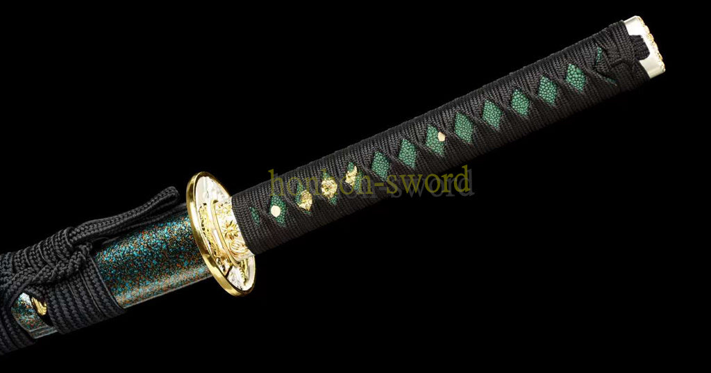 Japanisches Samurai-Schwert Katana aus schwarzem gefaltetem Stahl, Full Tang, handgefertigt, scharfe Klinge, schwarz
