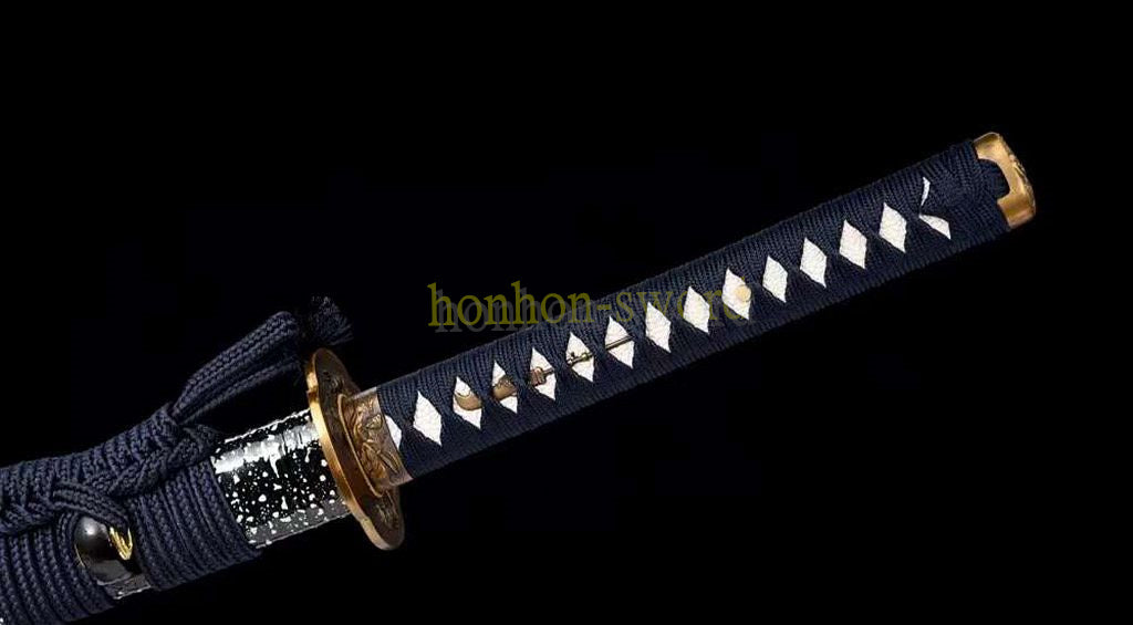 Japanisches Samurai-Schwert Katana aus schwarzem gefaltetem Stahl, Full Tang, handgefertigt, scharfe Klinge, schwarz