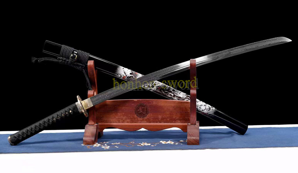 Épée de samouraï japonaise en acier plié noir, katana, lame tranchante faite à la main, noire