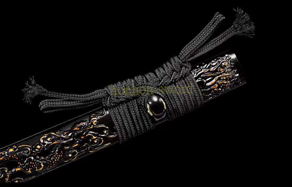 Japanisches Samurai-Schwert Katana aus schwarzem gefaltetem Stahl, Full Tang, handgefertigt, scharfe Klinge, schwarz