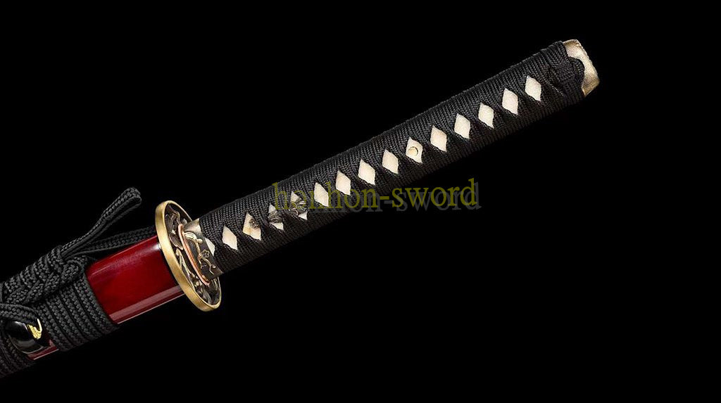 Damascus Folded Steel Katana Brass Tsuba Hammering Pattern Japanese Samurai Sword Full Tang Red