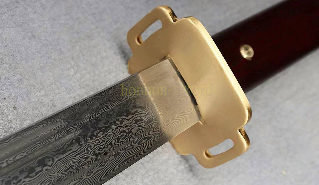 Handgeschmiedetes japanisches Samurai-Schwert Katana aus Damaszener-Faltstahl, scharf, ganz in Schwarz