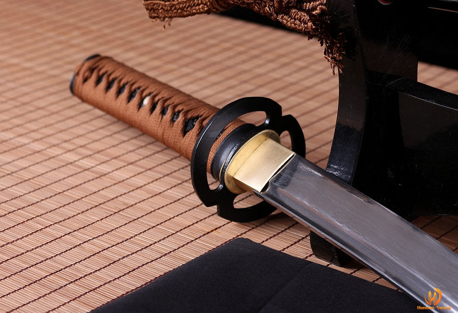 Handgeschmiedetes japanisches Samurai-Schwert Wakizashi aus gefaltetem Stahl, Full Tang, schwarz