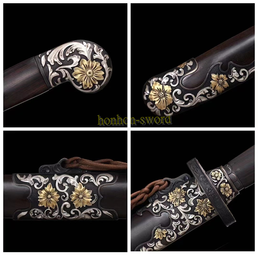 Damascus Folded Steel Twisted Pattern Chinese Qing Dao 清刀 Chinese Dao Sword Ebony Sheath