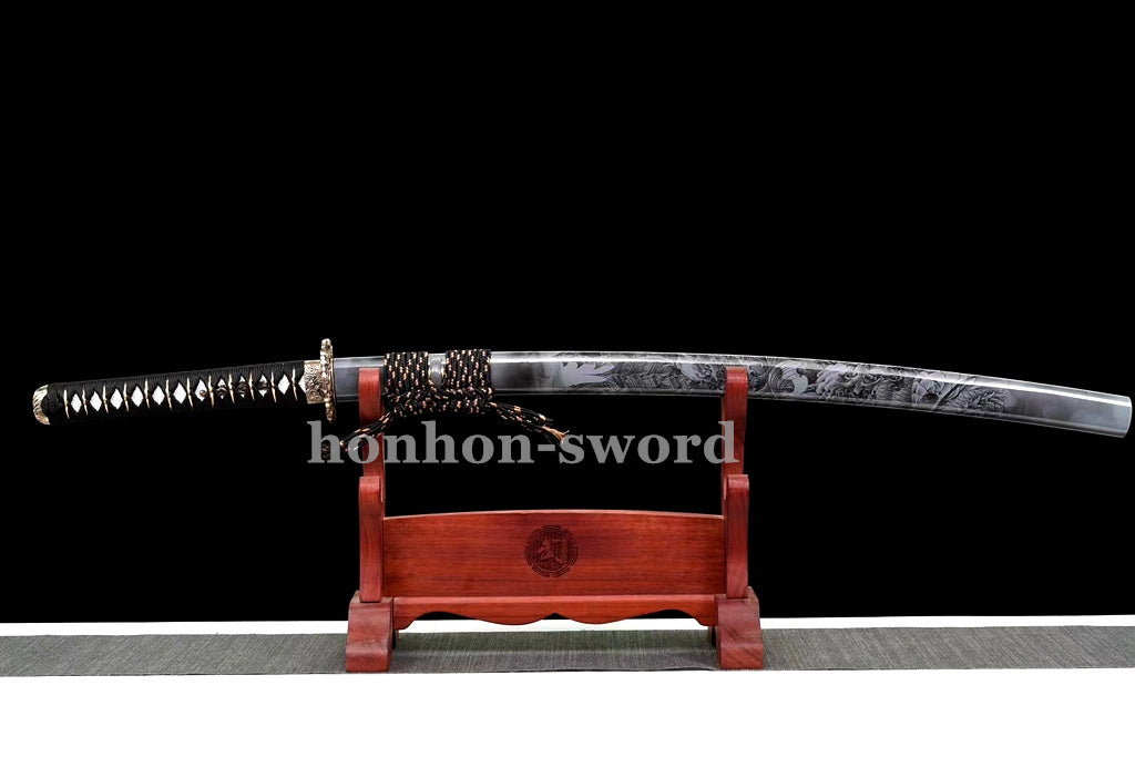 Damascus Folded Steel Katana Hammering Pattern Japanese Samurai Sword Battle Ready Grey