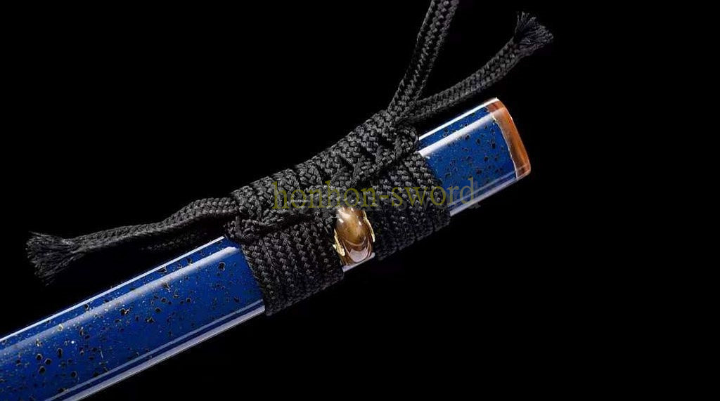 Kobuse Clay Tempered Katana Hand Polishing Japanese Samurai Sword Ox Horn Saya Blue