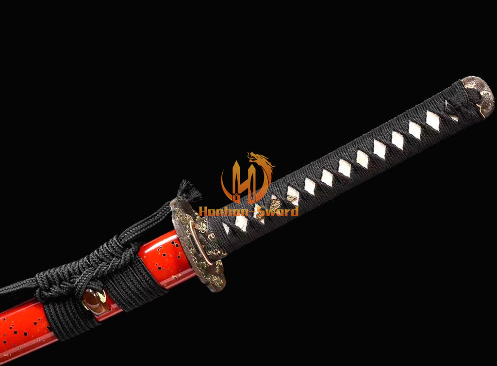 Honsanmai Clay Tempered Katana Hand Polishing Japanese Samurai Sword Ox Horn Saya Red