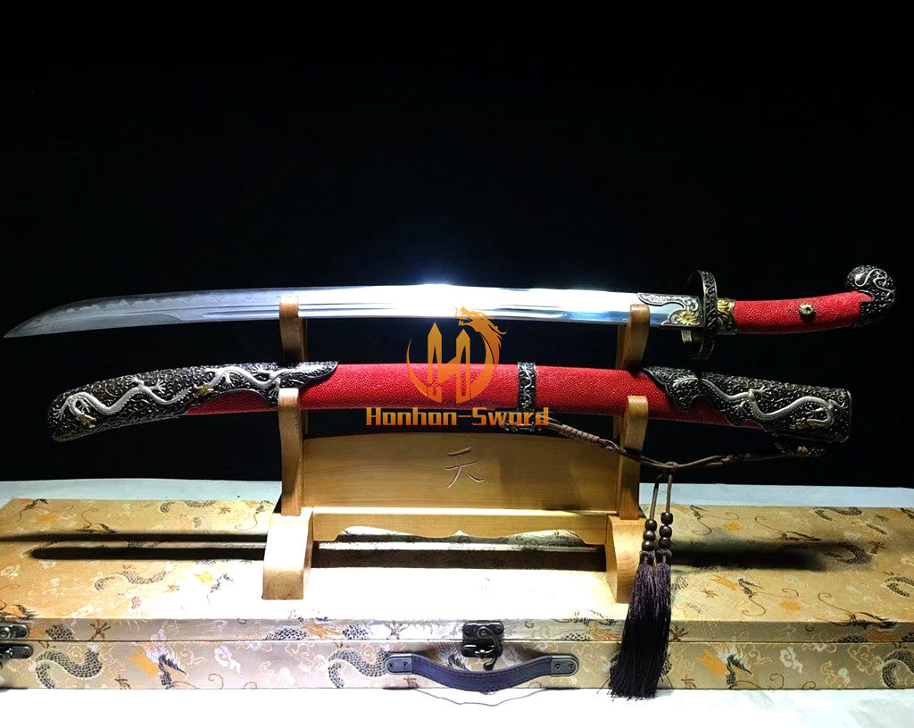 Soshu Kitae 七枚合 Clay Tempered Qing Dynasty Dao Hand Polishing Chinese Dao Sword Red Rayskin Sheath