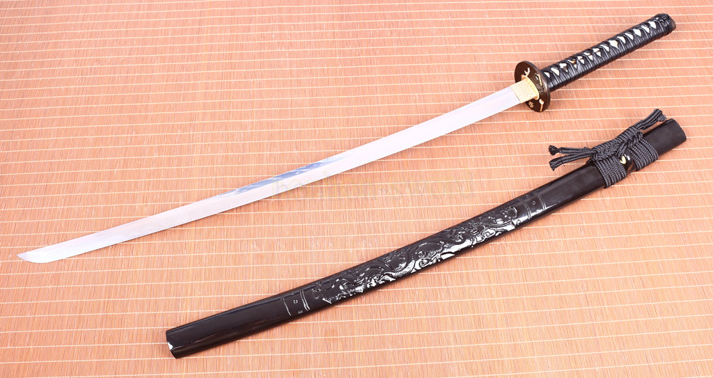 Hand Polishing Honsanmai Clay Tempered Katana Japanese Samurai Sword Dragon Saya Black