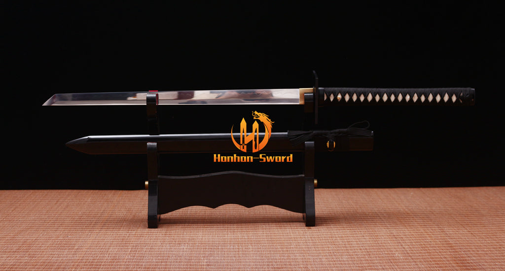 T10 Steel Clay Tempered Ninjato KAMASU Kissaki Japanese Ninja Sword Chokuto Full Tang Battle Ready Real Hamon Black