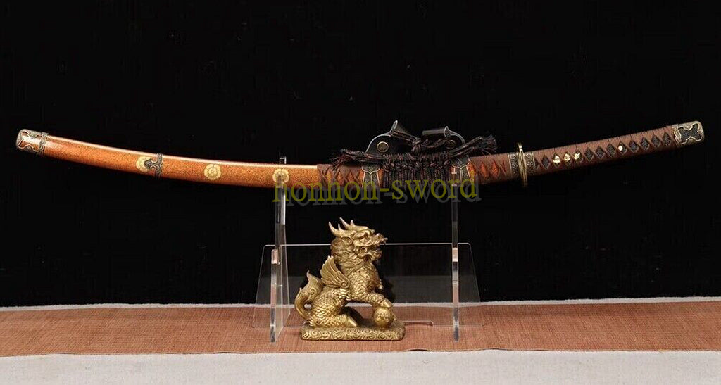 T10 Clay Tempered Tachi Deep Sori Japanese Samurai Sword for Battle Gold