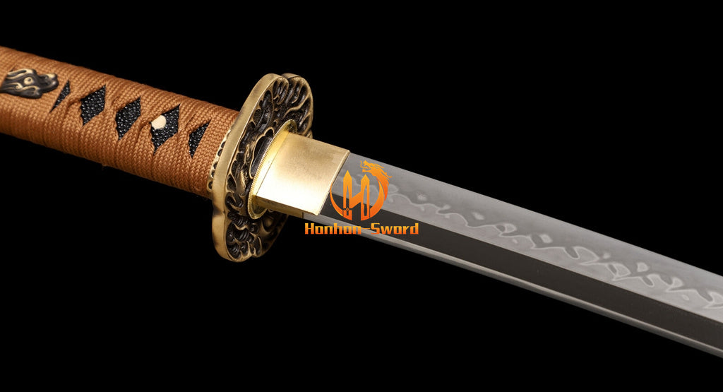L6 Steel Clay Tempered Real Hamon Katana Japanese Samurai Sword Battle Ready Brown