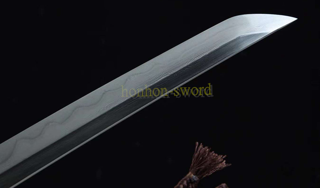 Japanisches Samurai-Schwert Katana aus schwarzem gefaltetem Stahl, Full Tang, handgefertigt, scharfe Klinge, schwarz