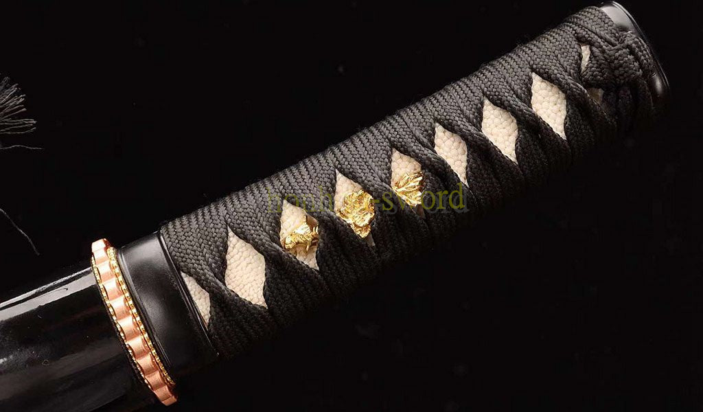 Damascus Folded Steel Clay Tempered Tanto Japanese Samurai Short Sword Copper Tsuba