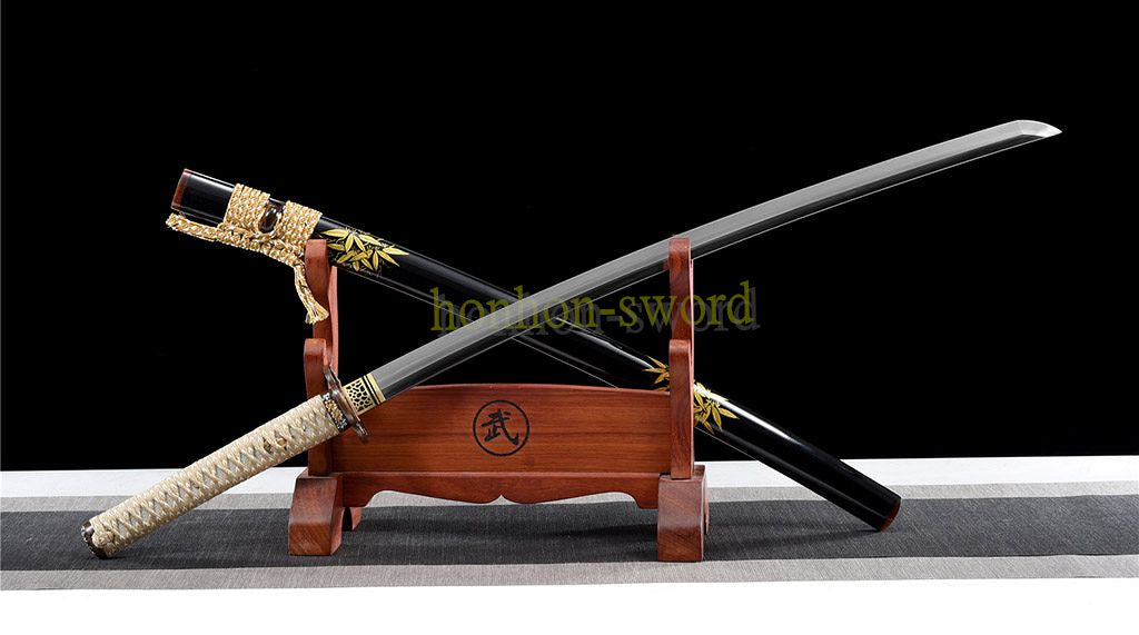 Épée de samouraï japonaise en acier plié noir, katana, lame tranchante faite à la main, noire