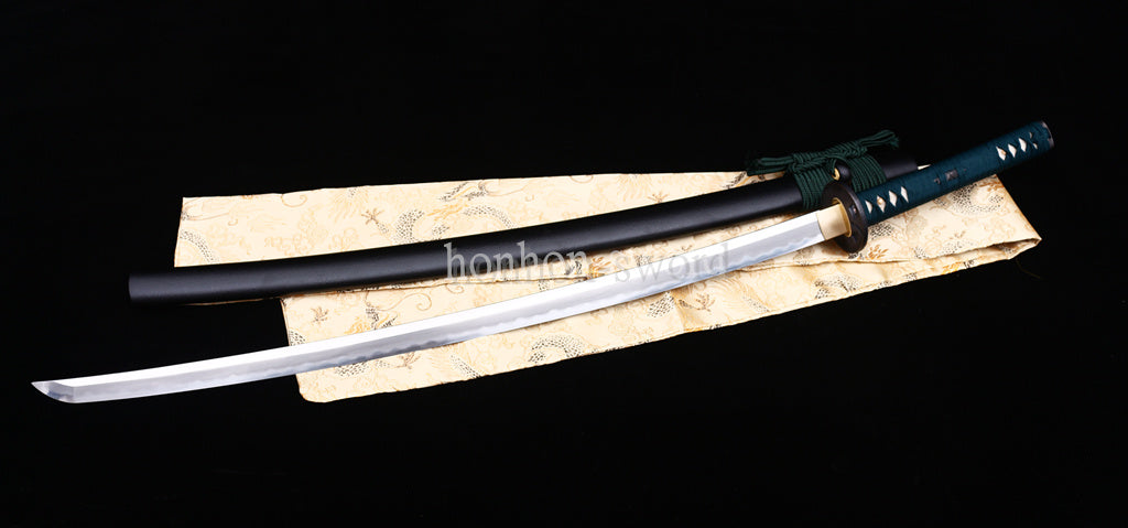 Japanisches Samurai-Schwert Katana aus schwarzem gefaltetem Stahl, Full Tang, handgefertigt, scharfe Klinge, schwarz