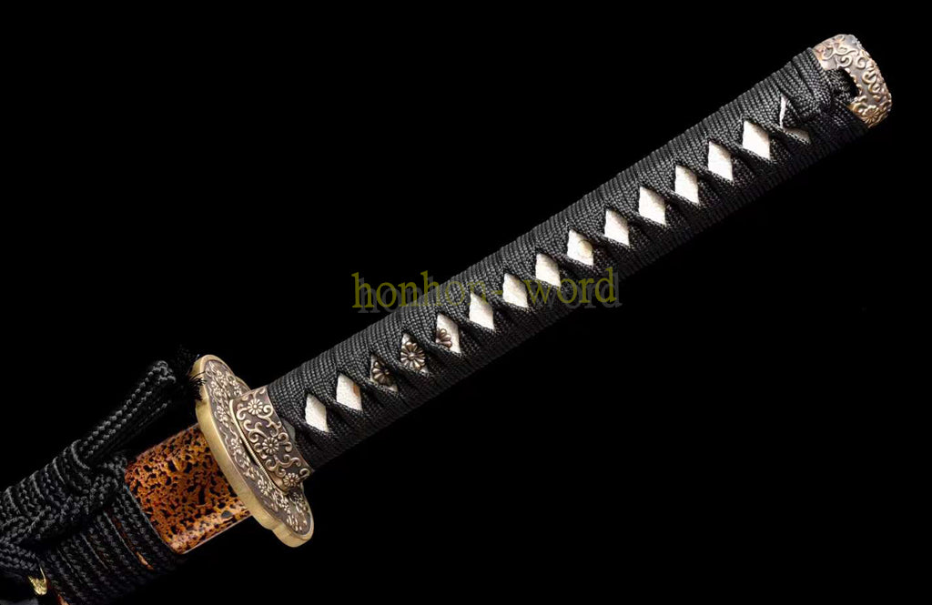 Japanisches Samurai-Schwert Katana aus schwarzem gefaltetem Stahl, Full Tang, handgefertigt, scharfe Klinge, schwarz