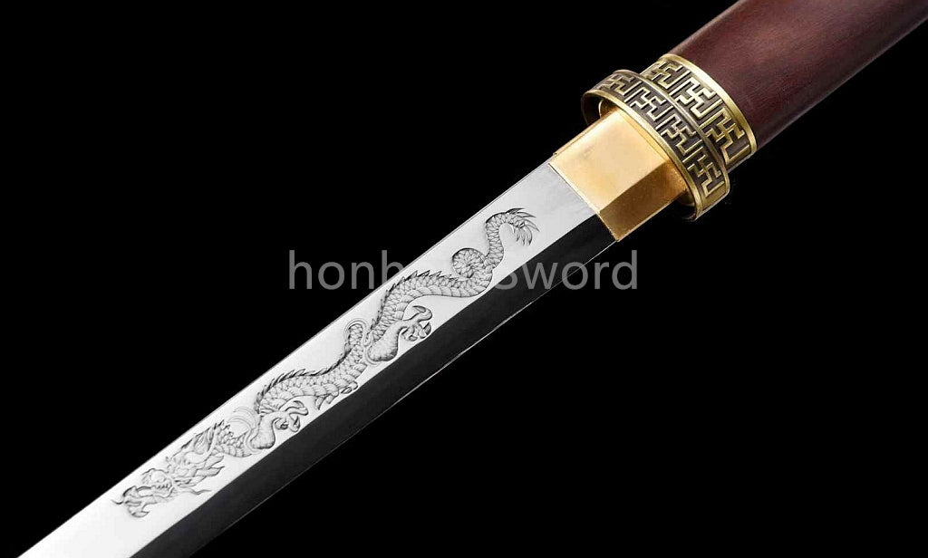 12''Chinese Tang Dynasty Dao 唐刀 9260 Spring Steel Carved Dragon Blade Mini Sword