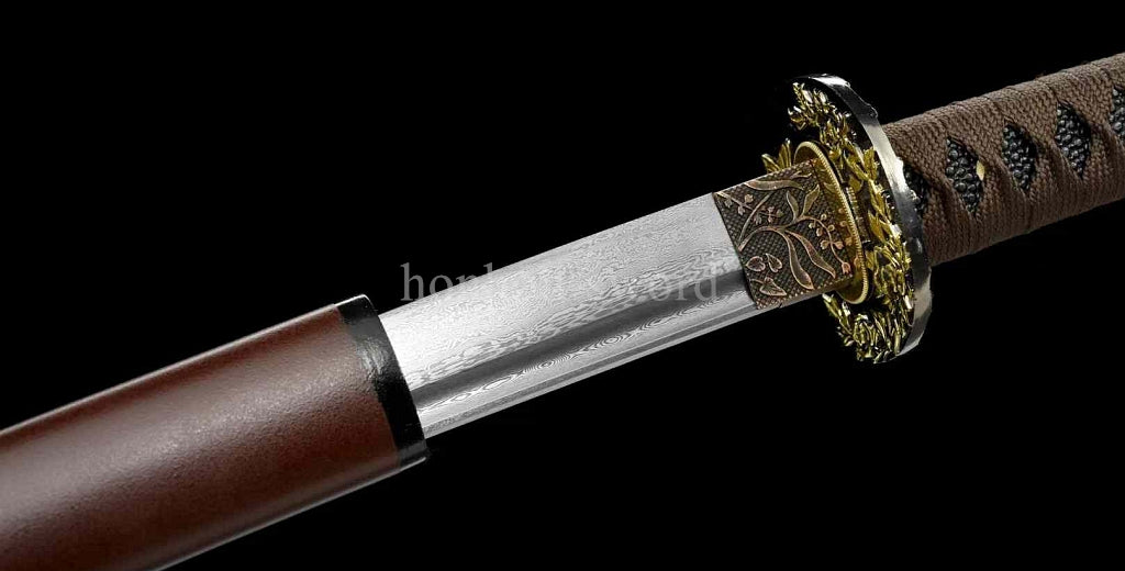 Japanisches Samurai-Schwert Katana aus schwarzem gefaltetem Stahl, Full Tang, handgefertigt, scharfe Klinge, schwarz