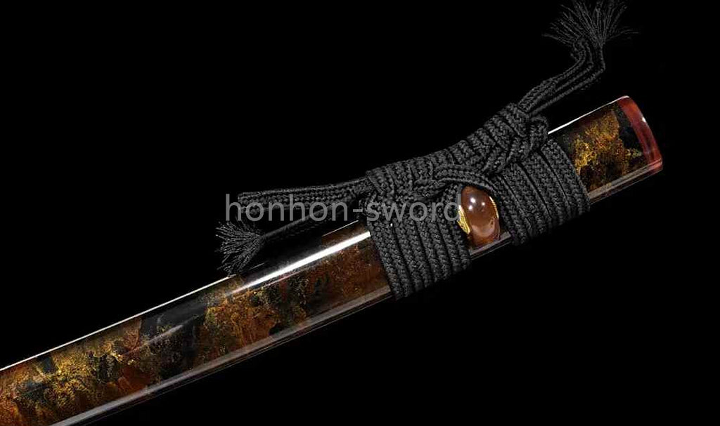 Japanisches Samurai-Schwert Katana aus schwarzem gefaltetem Stahl, Full Tang, handgefertigt, scharfe Klinge, schwarz