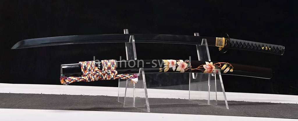 Japanisches Samurai-Schwert Katana aus schwarzem gefaltetem Stahl, Full Tang, handgefertigt, scharfe Klinge, schwarz