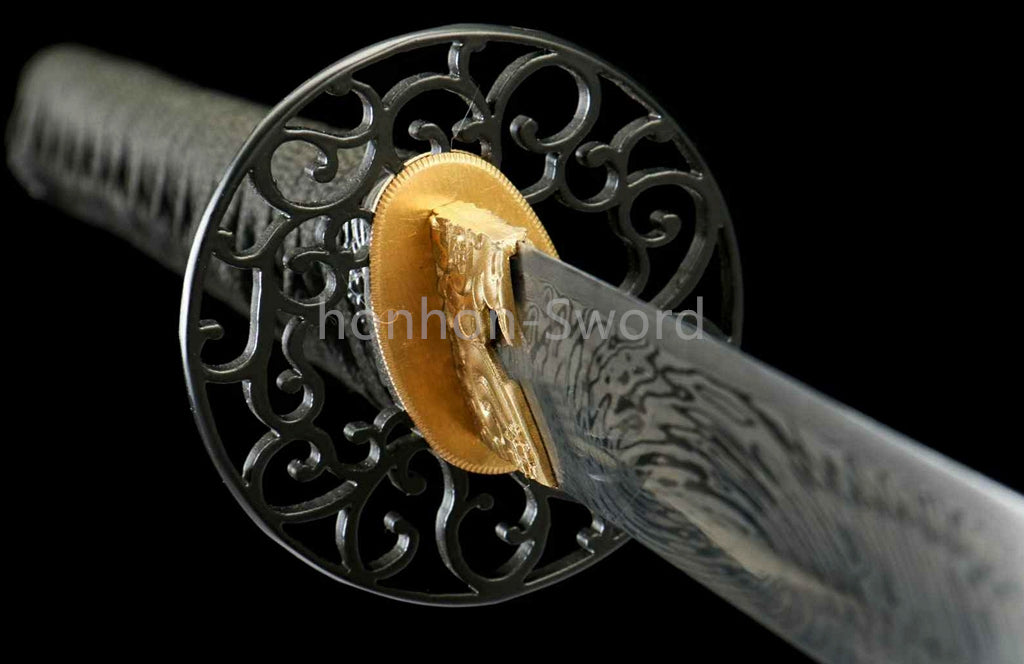 Japanisches Samurai-Schwert Katana aus schwarzem gefaltetem Stahl, Full Tang, handgefertigt, scharfe Klinge, schwarz