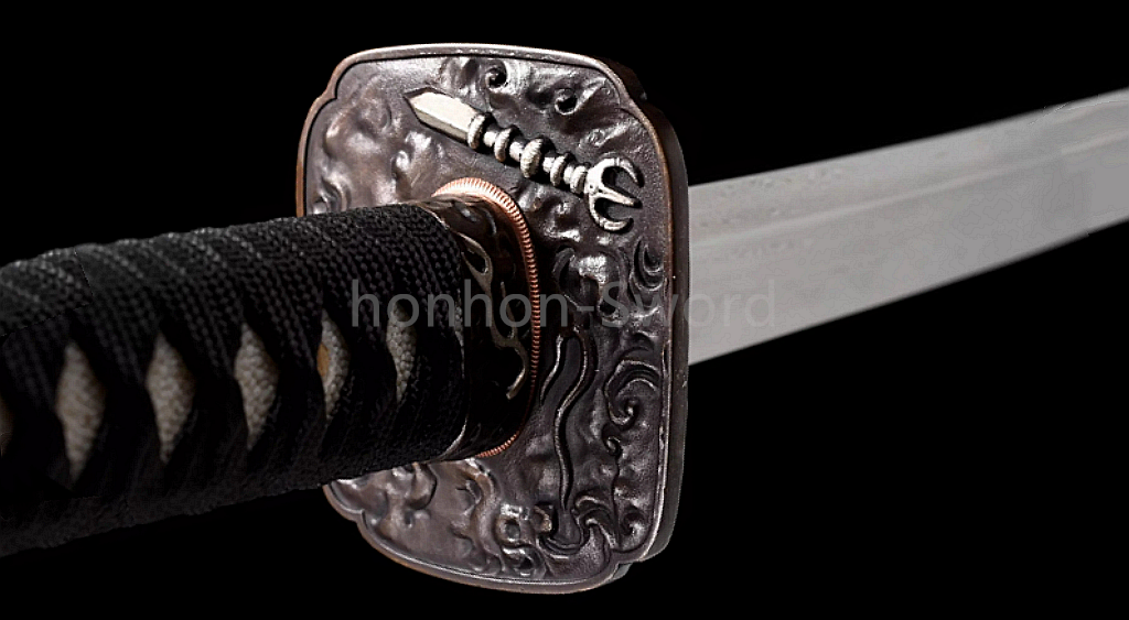 Japanisches Samurai-Schwert Katana aus schwarzem gefaltetem Stahl, Full Tang, handgefertigt, scharfe Klinge, schwarz
