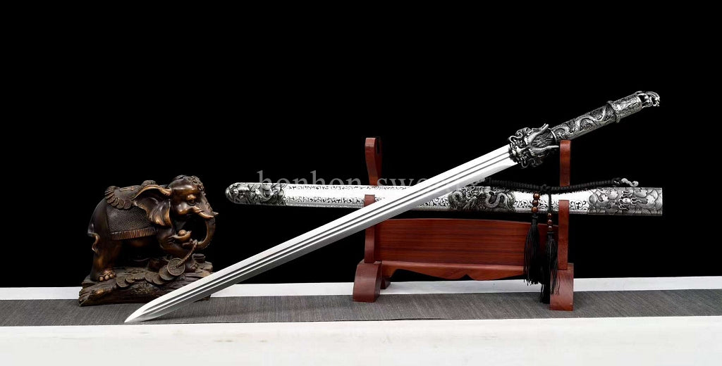 Han Jian Chinesisches Jian Schwert aus hochmanganhaltigem Stahl, Full Tang, kampfbereit, blaue Klinge