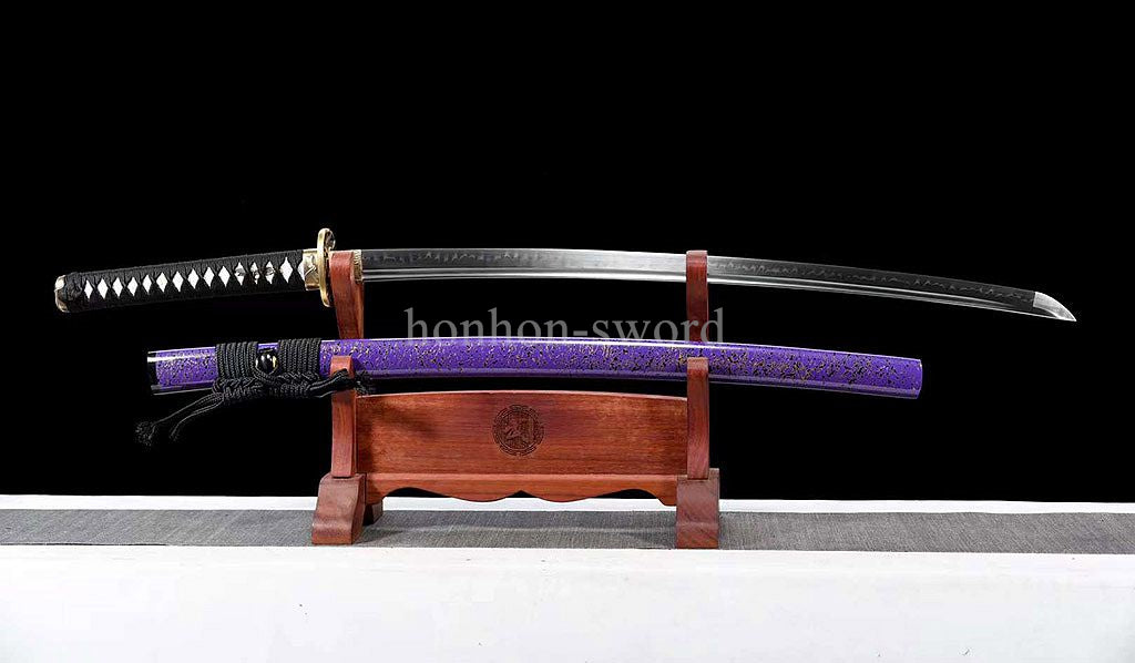 Japanese Katana T10 Steel Clay Tempered Samurai Sword Sharp Brass Tsuba Purple.