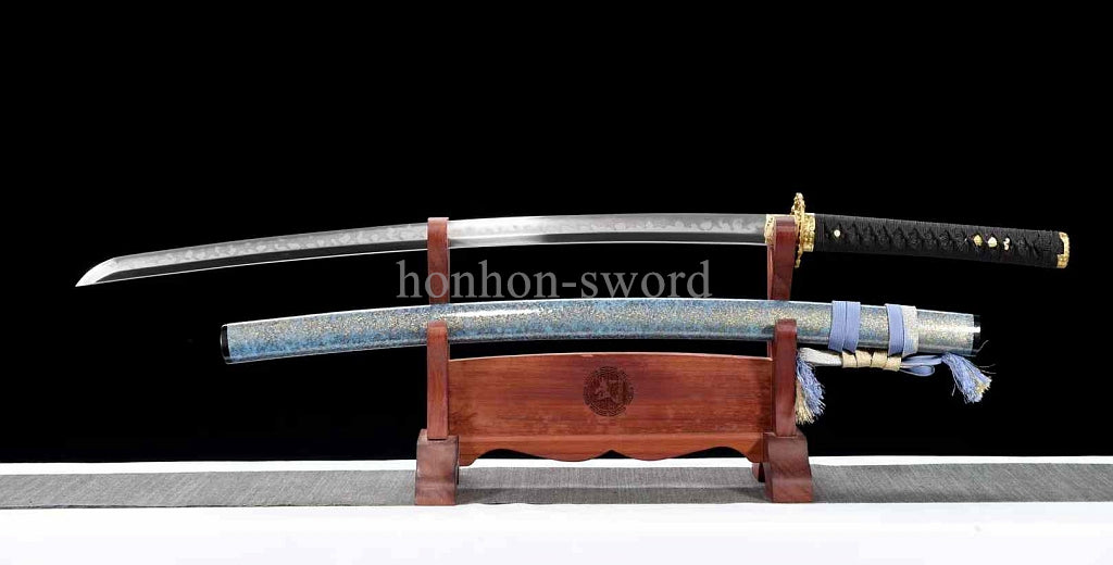 1095 Kohlenstoffstahl Katana Blaue Klinge Japanisches Samurai-Schwert Full Tang Schwarz