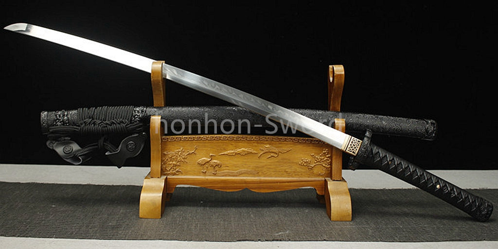 1095 Kohlenstoffstahl Katana Blaue Klinge Japanisches Samurai-Schwert Full Tang Schwarz