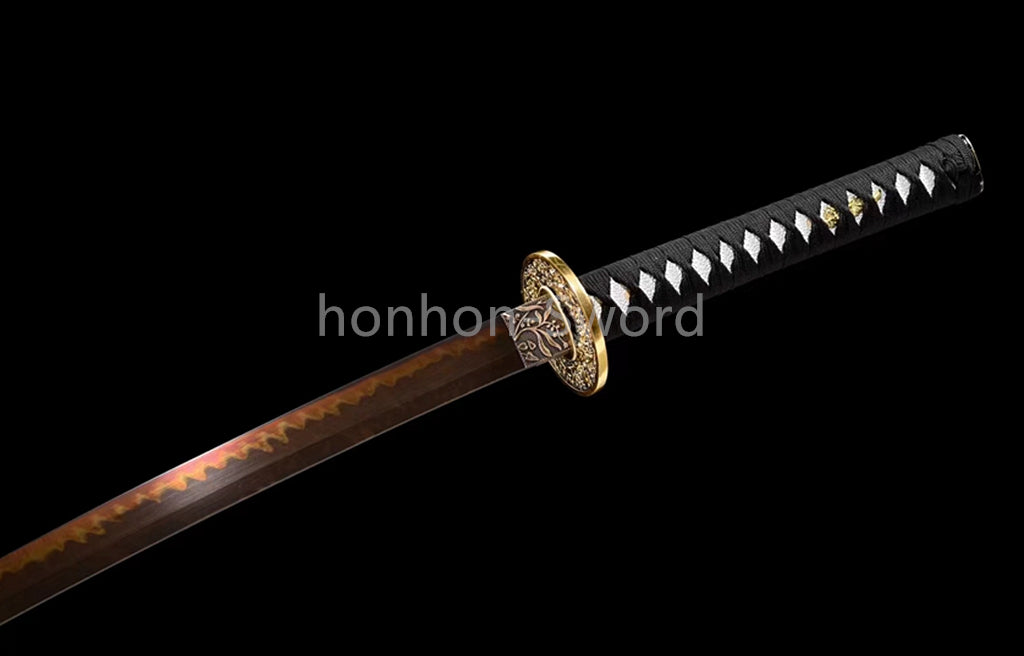 T10 Steel Clay Tempered Japanese Katana 26inch Alloy Tsuba Samurai Sword Black Blade Sharp