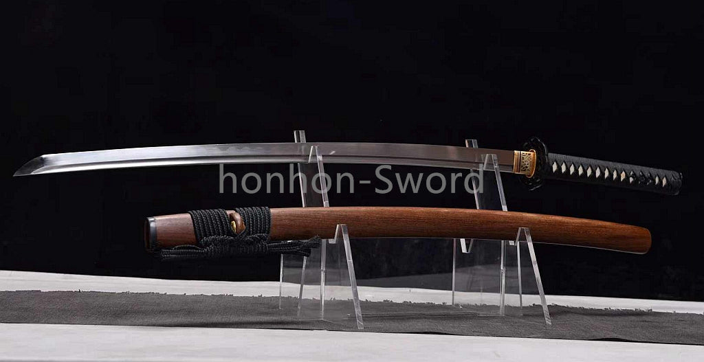 Japanisches Samurai-Schwert Katana aus schwarzem gefaltetem Stahl, Full Tang, handgefertigt, scharfe Klinge, schwarz