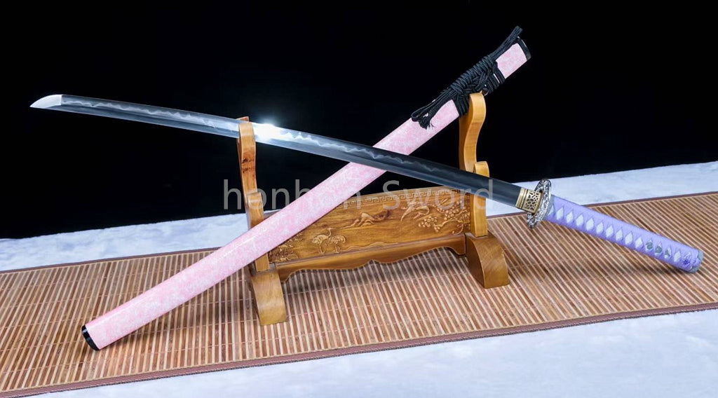Japanisches Samurai-Schwert Katana aus schwarzem gefaltetem Stahl, Full Tang, handgefertigt, scharfe Klinge, schwarz