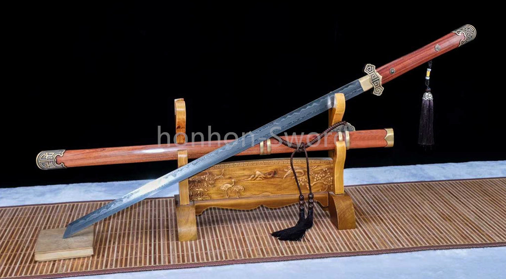 Damascus Folded Steel Clay Tempered Chinese Tang Dynasty Chokuto Dao Rosewood