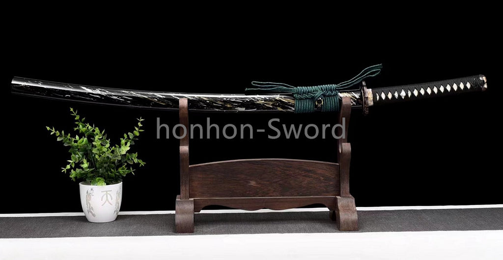 Japanisches Samurai-Schwert Katana aus schwarzem gefaltetem Stahl, Full Tang, handgefertigt, scharfe Klinge, schwarz