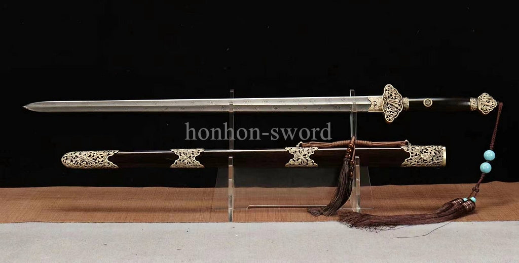 Handgeschmiedetes japanisches Samurai-Schwert Katana aus Damaszener-Faltstahl, scharf, ganz in Schwarz