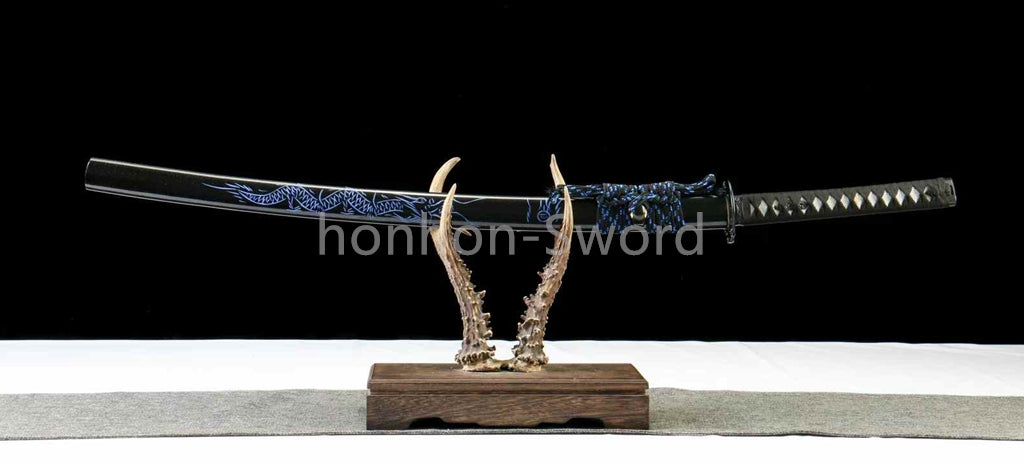1095 Kohlenstoffstahl Katana Blaue Klinge Japanisches Samurai-Schwert Full Tang Schwarz
