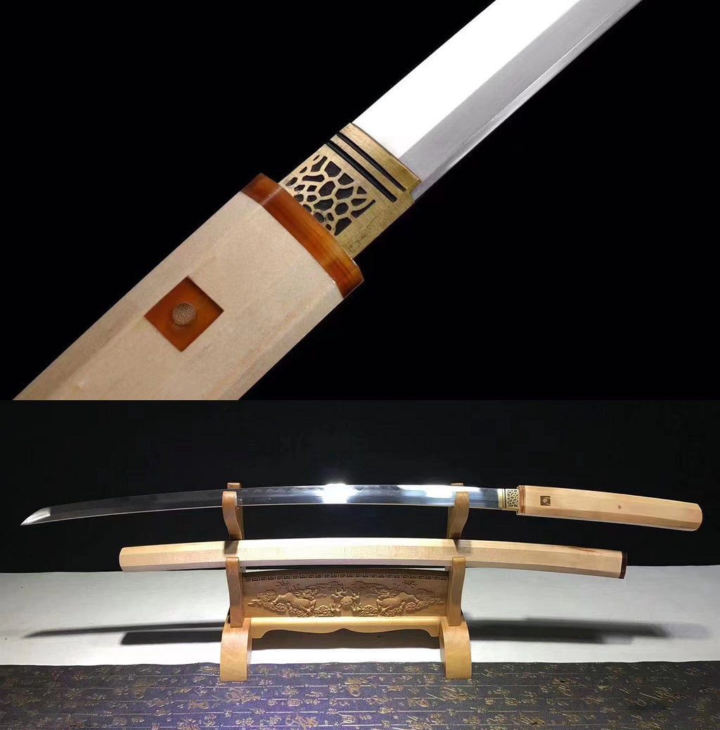 Hand Forge Damascus Folded Steel Clay Tempered Shirasaya Japanese Katana Samurai Sword Wooden