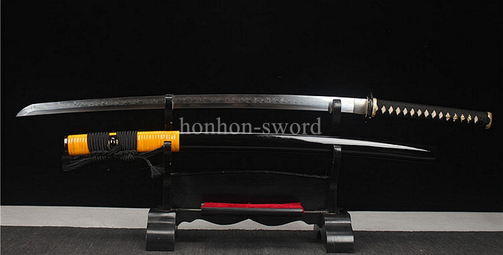 1095 Kohlenstoffstahl Katana Blaue Klinge Japanisches Samurai-Schwert Full Tang Schwarz 