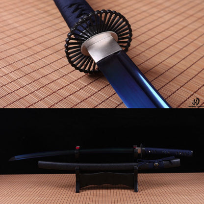 1095 Kohlenstoffstahl Katana Blaue Klinge Japanisches Samurai-Schwert Full Tang Schwarz 