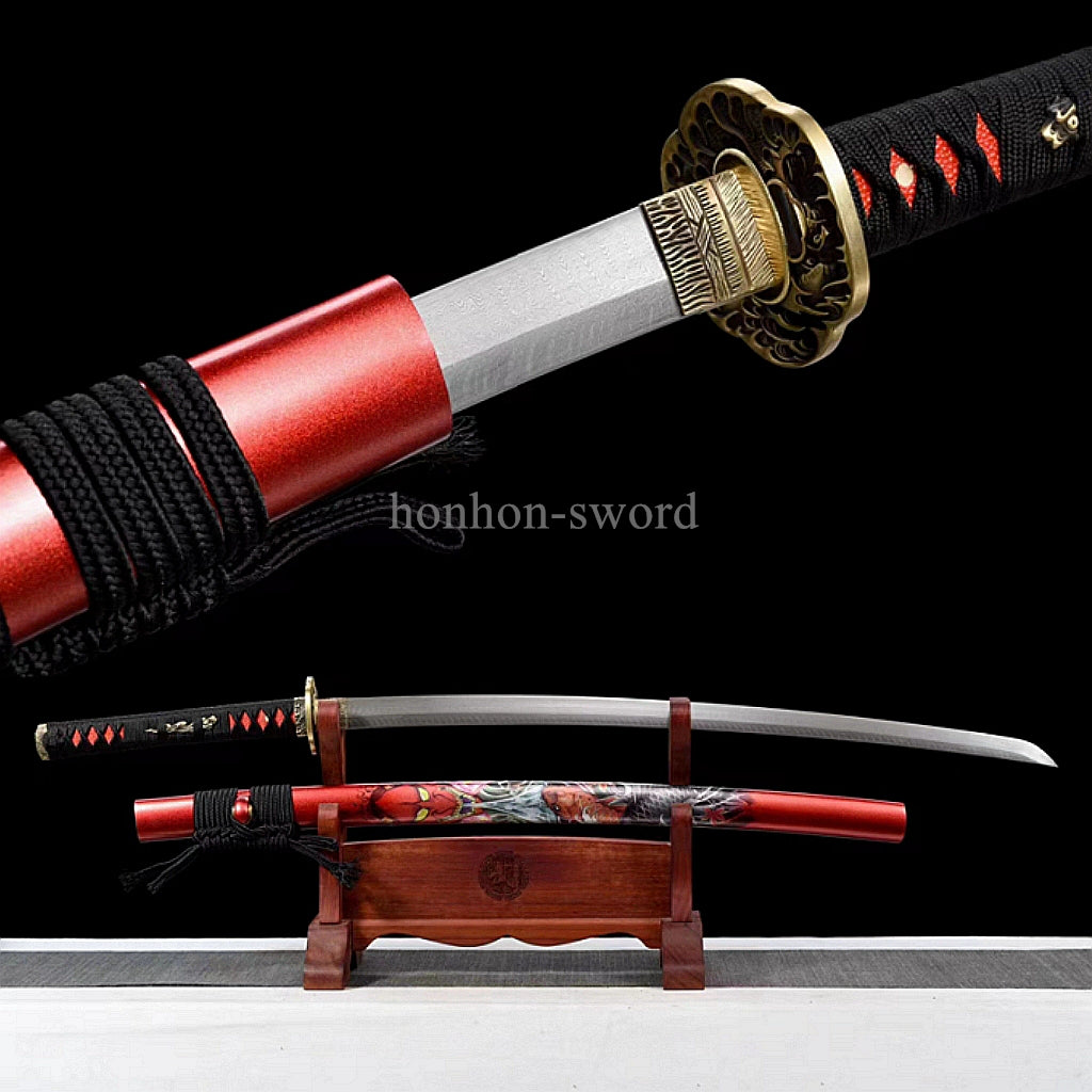 Japanisches Samurai-Schwert Katana aus schwarzem gefaltetem Stahl, Full Tang, handgefertigt, scharfe Klinge, schwarz 