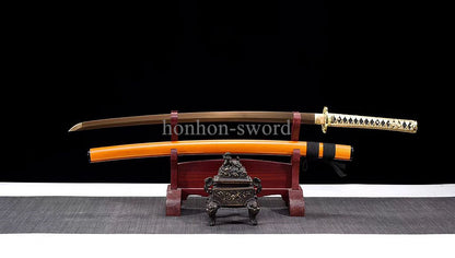 Katana en acier à haute teneur en manganèse, épée de samouraï japonais, prête pour la bataille, Saya blanche dorée 